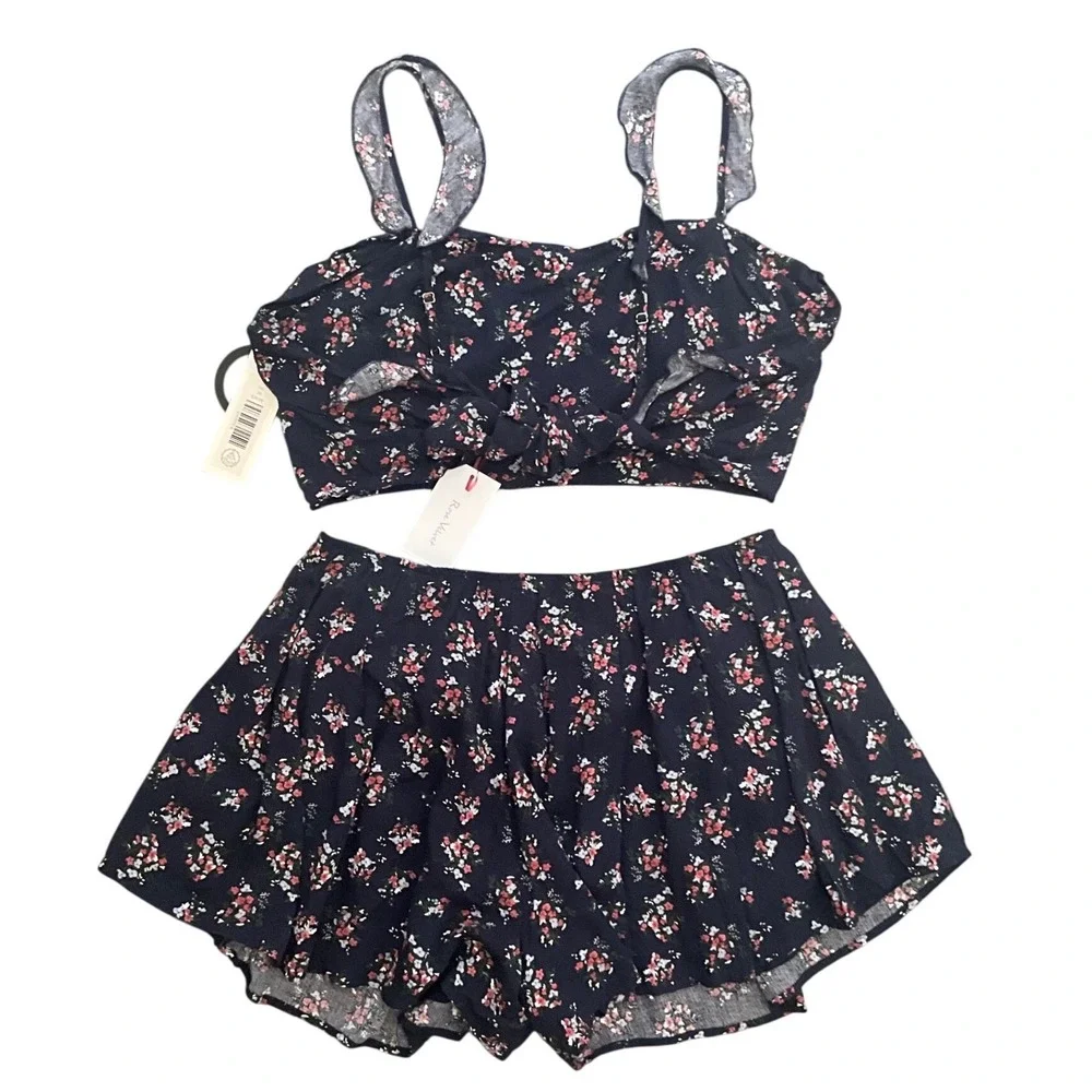 Rose Velvet Floral Matching Set Tie Back Crop Top Pocket Shorts Boho Size 3X NWT
